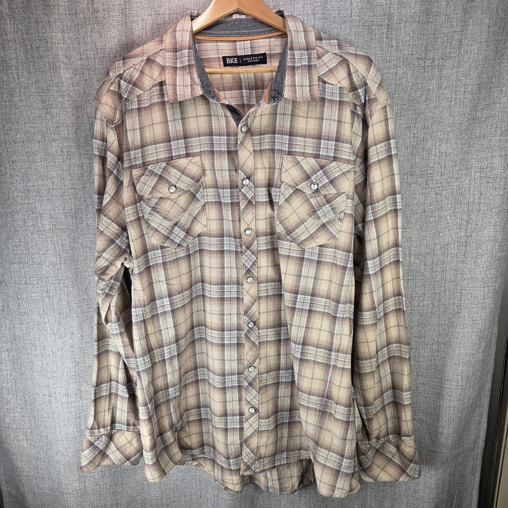Buckle BKE Pearl Snap Flannel LS Shirt Mens XXL Tan Blue‎ Plaid Athletic Western